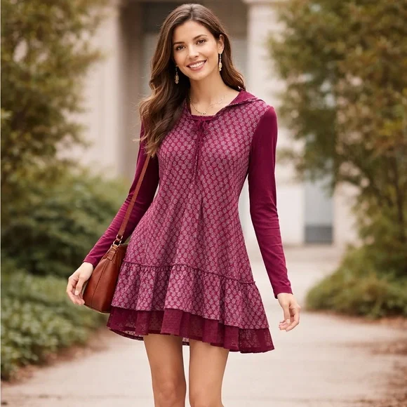 April Cornell Burgundy Floral Hooded Dress Boho Prairie Tiered Size Small - Picture 2 of 6